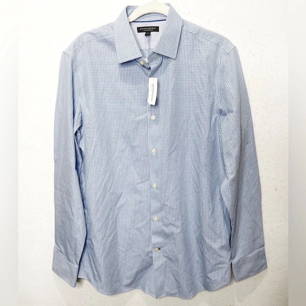 Banana Republic Slim-Fit Non-Iron Dress Shirt 100% Cotton Plaid Size Medium Blue
